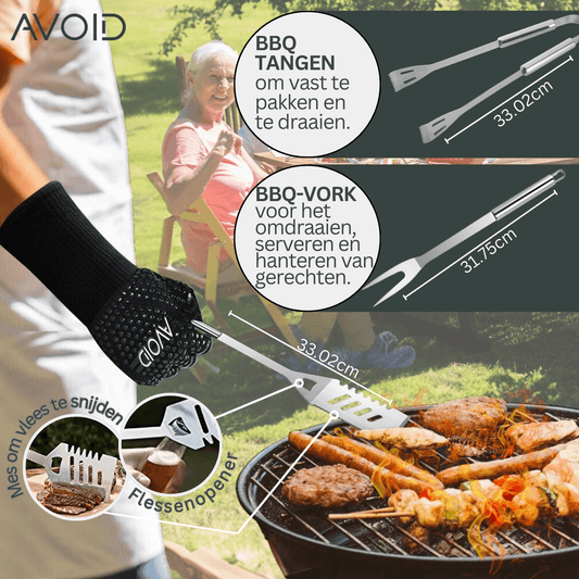 Zilverkleurige barbecuezetel met 10 stukken, inclusief spatels, vorken en borstels, opgeborgen in een zwart, opvouwbaar hoesje. Ideaal voor buitenkeuken en grillavonden.