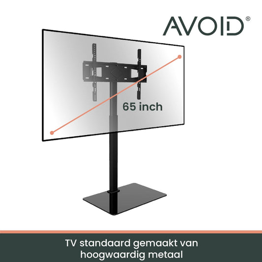 Zwarte, moderne TV-standaard met verstelbare arm en brede basis, geschikt voor grote schermen in kantoor- of woonruimte. Stijlvol design voor professionele of thuisgebruik.