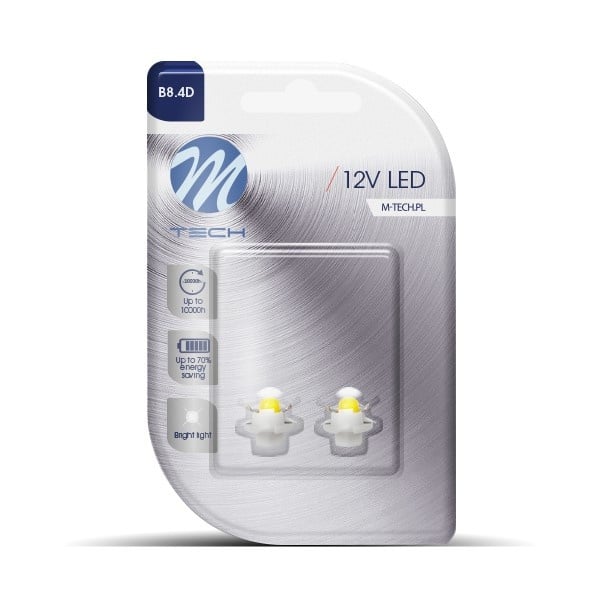 Twee gele LED-lampjes met wit plastic behuizing en zichtbare metalen contactpunten, geschikt voor auto’s en andere elektronische apparaten. Perfect voor vervanging in koplampen of interieurverlichting.