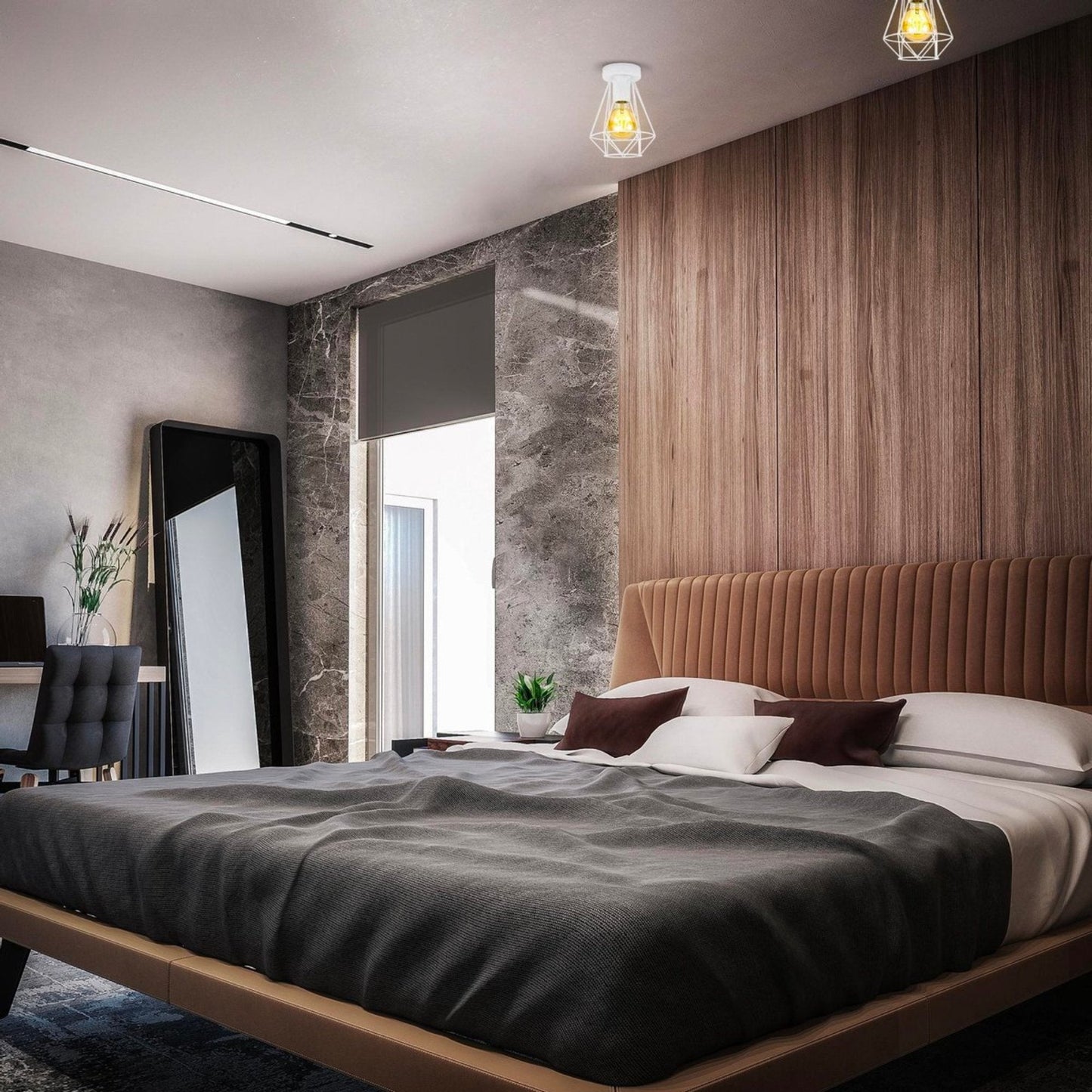 Een witte, geometrische plafondlamp met een kooi van dunne metalen draden en een warmgele gloeilamp. Perfect voor een moderne, industriële of loftstijl in woon- of werkkamer.