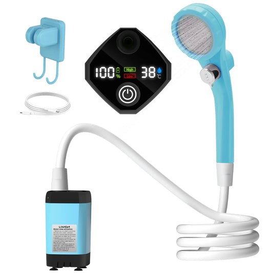 Comnox - Draagbare Camping Douchepomp - Digitale Display - Oplaadbaar - Buitendouche met Waterstop - 6000mAh Battery - Camping Shower - Blauw - Comnox Company