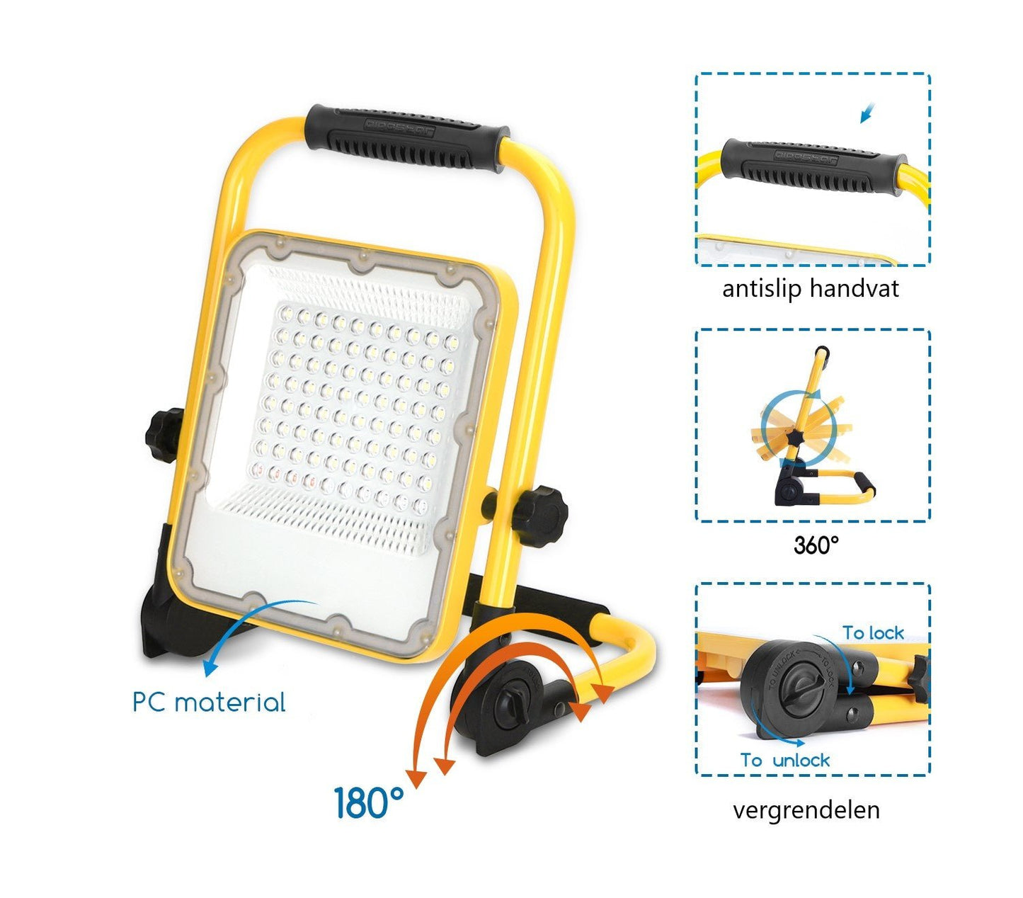 Grote gele LED-werklicht met zwart handvat en verstelbare poten, uitgerust met USB-oplaadkabel voor gebruik op werf of in garage.