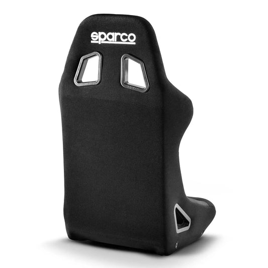 Een zwarte Sparco Sprint racestoel met zichtbare witte naadwerk en metalen bevestigingsopeningen, geschikt voor sportwagens en racevoertuigen. De stoel heeft een sportieve vorm en is gemaakt van hoogwaardig materiaal.