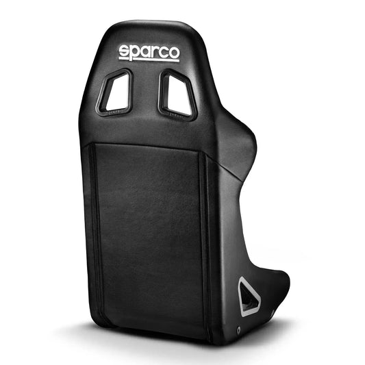 Zwart Sparco Sprint racestoel met sportief design, witte logo’s en gestikte panelen. Geschikt voor raceauto’s en motorsport, met verstelbare rugsteun en veiligheidsopening.