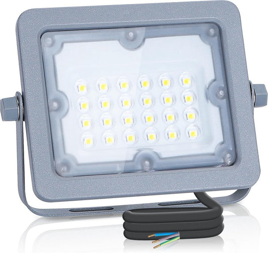 Grijs LED-stralingslamp met zichtbare LED-chips en montagearm, geschikt voor buitenverlichting. Robuust ontwerp voor tuin- en terrasverlichting.