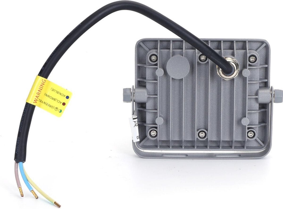 Grijze LED-straler met 24 lichtbronnen, geschikt voor buitenverlichting. Robuust aluminium frame met montagearm en schroefklemmen voor gemakkelijke installatie.