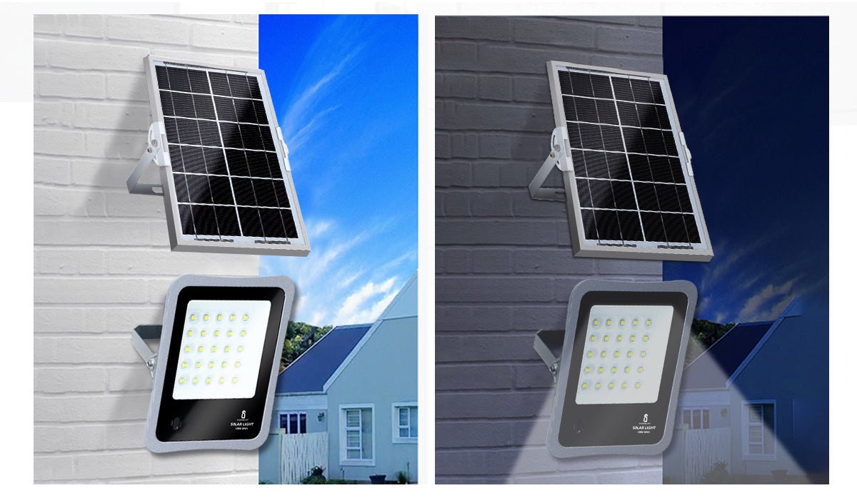 Een 100W zonnepanelenverlichting met IP65 waterdichte behuizing en afstandsbediening, uitgerust met een zonnepaneel voor duurzame buitenverlichting. Geschikt voor tuin, terras of garage met automatische modus.