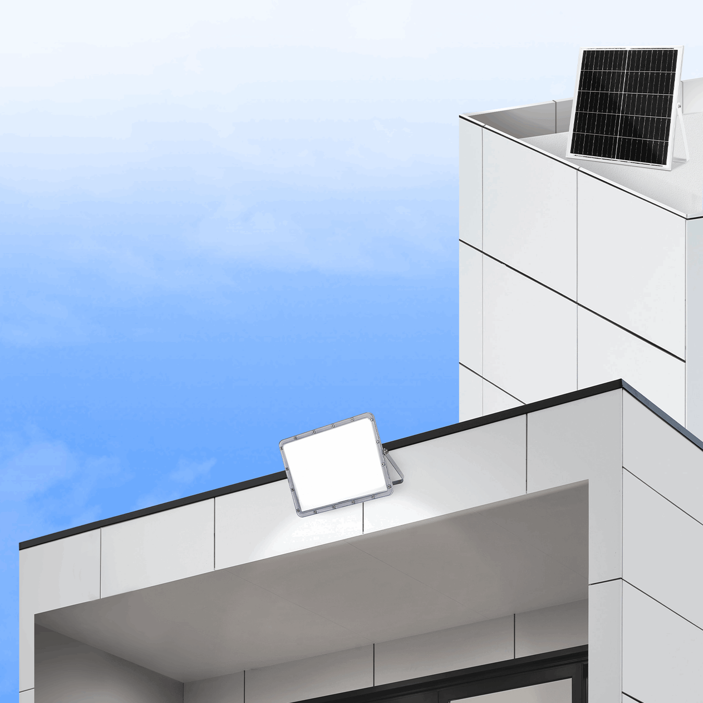 Zonnepanelenverlichting met 100 LED’s, zilverkleurig chassis en witte reflector, inclusief afstandsbediening voor tuin- en terrasverlichting. Zonnepaneel met zwarte cellen en zilveren rand.