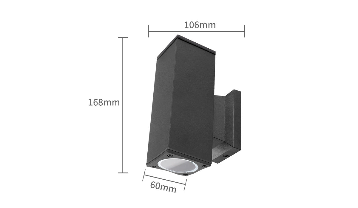 Zwart, rechthoekig wandlamp met mat oppervlak en witte diffuser, geschikt voor moderne buitenverlichting. Robuust ontwerp met zichtbare montagebeugel voor wandmontage.