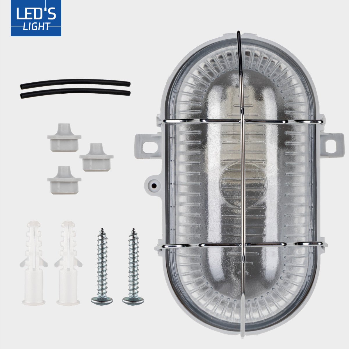 Grijze, afwerking met ribbelstructuur en metalen kooi. Geschikt voor industriële verlichting en ruimteverlichting.