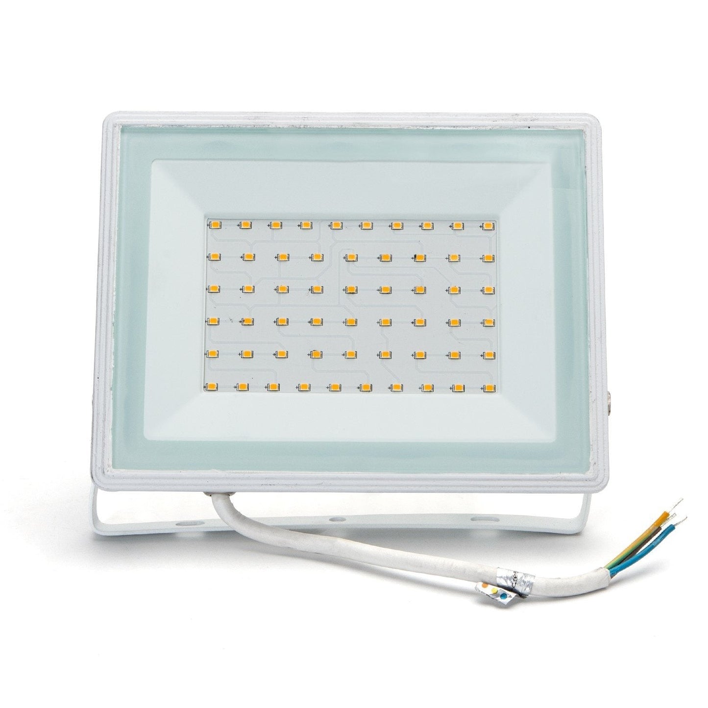 Een witte LED-uitbouwverlichting met glazen beschermhoes en zichtbare LED-chiparray. Geschikt voor buitenverlichting en tuinverlichting, met zichtbare montagebeugel.