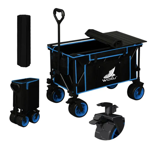 Zwarte, opvouwbare kofferwagen met rode wielen en handvat, voorzien van een opklapbare deksel en opbergvakken. Ideaal voor kamperen en outdoor activiteiten.