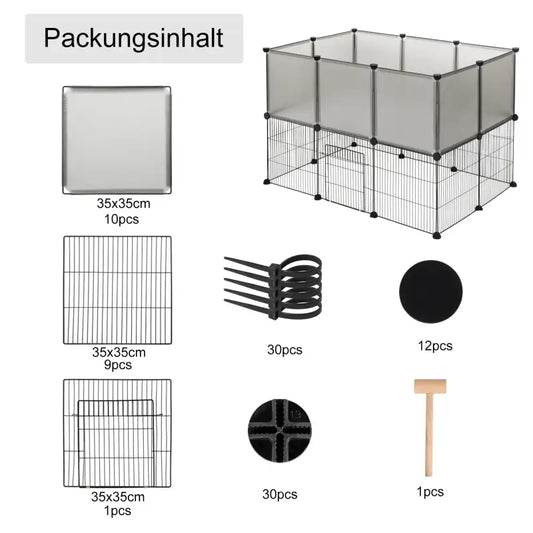 Zwart metalen hok met transparante schermen en onderste gitterstructuur, geschikt voor honden of katten. Ideaal voor binnen- en buitengebruik, met een veilige deur voor gemakkelijke toegang.
