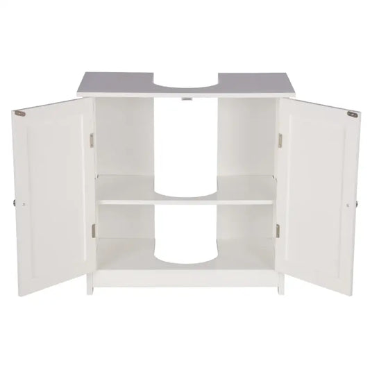 Een witte badkamerkast met een grijze werkblad en een ingebouwde wasbak. De kast heeft twee deuren met zilverkleurige knoppen en is geschikt voor een moderne badkamer.