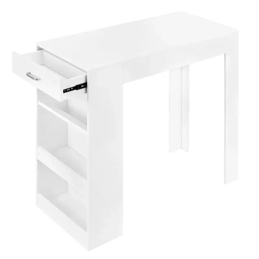 Een witte, moderne schrijftafel met glanzende afwerking, een lade met zilveren handgreep en drie open vakken. Ideaal voor kantoor- of studiegebruik in een minimalistisch interieur.