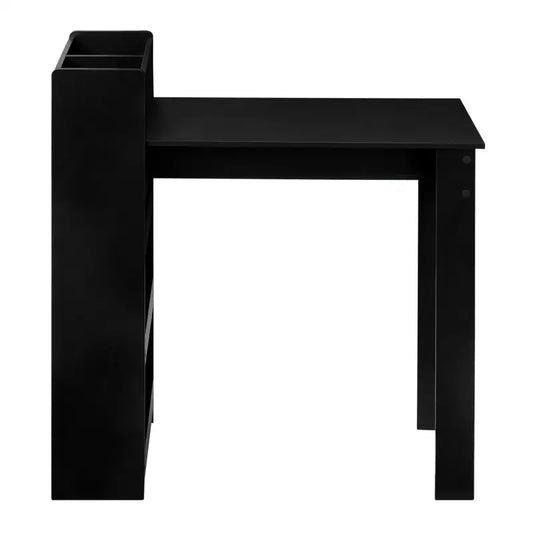 Zwart houten schrijftafel met opbergvakken en planken, geschikt voor kantoor of thuis. Compacte tafel met opbergfunctie voor kleine ruimtes.