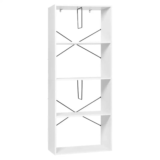Een witte, vierlaagse boekenkast met houten planken, gevuld met boeken, mapjes, een vogelbeeldje en een mandje. Ideaal voor kantoororganisatie of woonkameropslag.