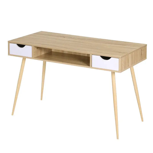 Een houten schrijftafel met witte laden en schuine poten, voorzien van een open plank en een bureaulamp. Ideaal voor een moderne werkplek of studiehoek.