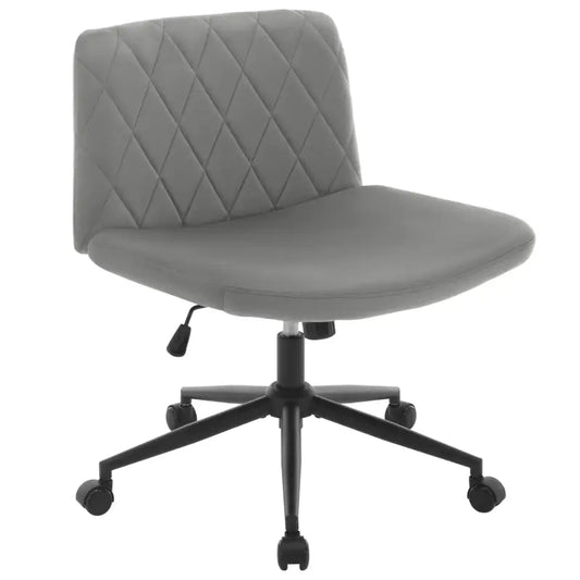 Een crèmekleurige, gestoffeerde bureaustoel met diamantstiksel en zwarte wielen, geschikt voor kantoor- of thuiswerking. Modern ontwerp met verstelbare rugleuning en comfortabele zitting.