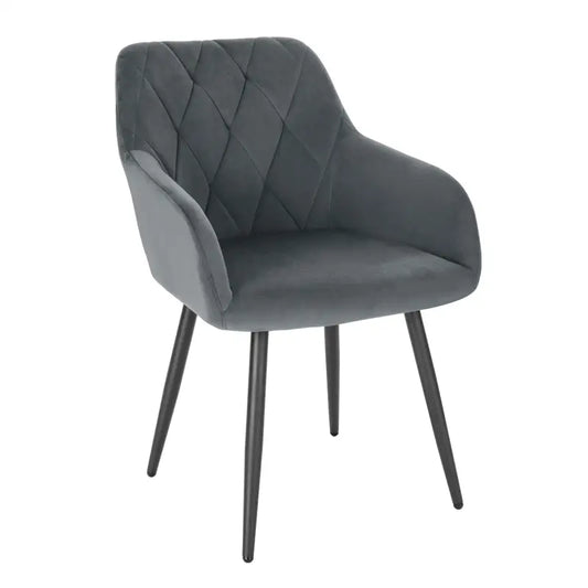 Rode fluweelstoel met diamantstiksel en zwarte metalen poten, ideaal voor moderne eetkamer of woonkamer. Comfortabele armleuningen en stijlvolle design voor een elegante interieuruitstraling.