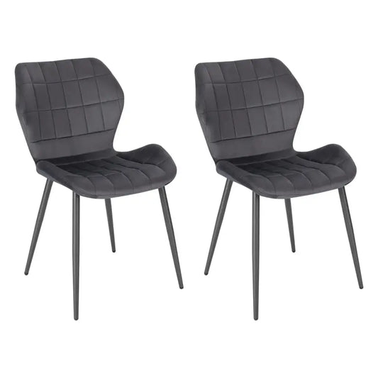 Bruine, gestoffeerde eetkamerstoelen met kussens en zwart metaal, geschikt voor moderne eetkamers of woonkamers. Stijlvolle set van twee stoelen met kussens voor comfort.