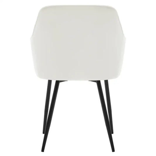 Witte, gestoffeerde eetkamerstoelen met quilting en zwarte metalen poten, geschikt voor moderne interieurs. Ideaal voor eetkamer of woonkamer met stijlvolle zitcomfort.