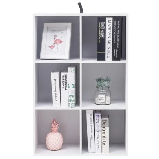 Een witte, vierkante opbergkast met zes vakken, geschikt voor kantoor of woonruimte. De kast heeft een minimalistisch ontwerp en een zwarte handgreep bovenaan voor gemakkelijke verplaatsing.