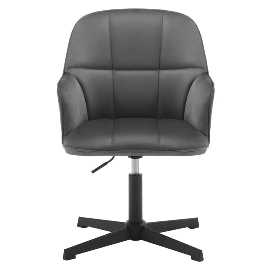 Grijze, gepolsterde bureaustoel met zachte, gestikte bekleding en zwarte metalen basis. Ideaal voor kantoor- of woonruimte gebruik met comfort en stijl.