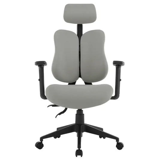 Grijze ergonomische kantoorkruk met verstelbare hoofdsteun, zachte bekleding en zwart metalen frame. Ideaal voor langdurig werken en comfortabele zithouding in kantoor- en thuiswerkomgevingen.