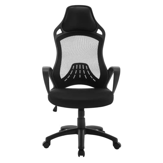 Ergonomische bureaustoel in zwart, met mesh rugleuning en verstelbare armleuningen, geschikt voor langdurig gebruik. Ideaal voor kantoor- en gamingtoepassingen met comfortabele zitting en wieltjes.