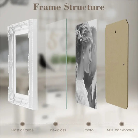 Een wit, klassiek fotolijstje met gedetailleerde reliëfversiering, geschikt voor een bruiloftsfoto. Perfect voor het opbergen van herinneringen of als decoratief element in de woonkamer.