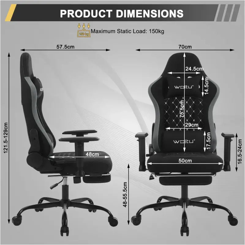 BukkitBow - Gaming Stoel met Massage Kussen - Metaal/Technische Stof/PU Wielen - 90°-155° Kantelbaar - Verstelbaar in hoogte en Diepte