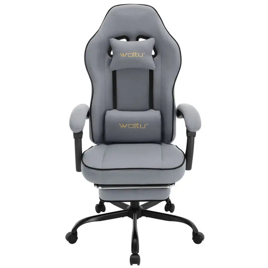 Zwarte gamingstoel met witte accenten en 'Woltu' logo op rug- en zitkussen, uitgerust met verstelbare armleuningen en een vijfwieler voor comfortabele gaming- of werkplek.