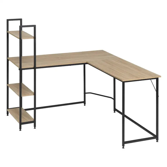Een hoekwerkplek met houten blad en zwart metaalframe, voorzien van een opbergrek met planten, laptop en monitor. Ideaal voor thuisbureau of gaming setup.