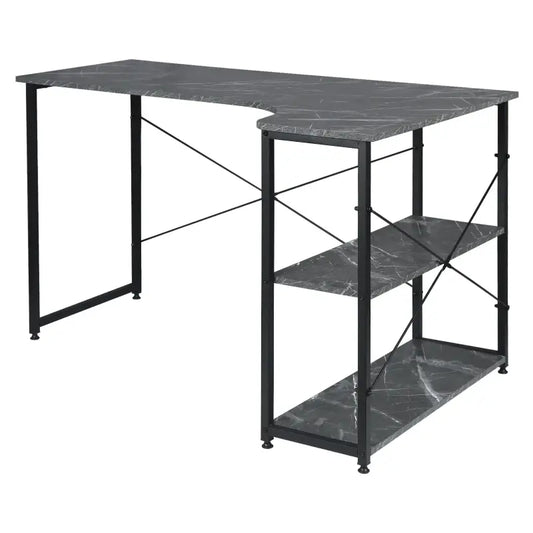 Een hoektafel met donkergrijze marmeren blad en zwart metalen frame, voorzien van twee ondersteunende planken. Ideaal voor moderne kantoor- of studieomgevingen met stijlvolle functionaliteit.