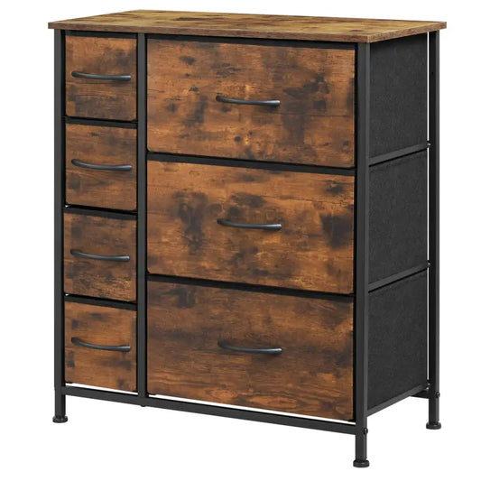 Een industriële kast met bruine houten fronten en zwarte metalen handgrepen, voorzien van een houten bovenplaat en een meshzijde. Ideaal voor slaapkameropslag of woonkamerdecoratie.