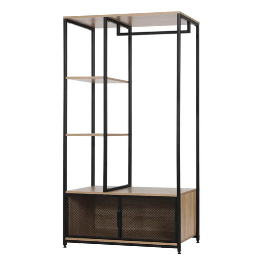 Een moderne kledingkast met zwart metaal en houten planken, gevuld met blauwe overhemden, gestapelde handdoeken en opbergruimte voor kleding en accessoires. Ideaal voor kleine ruimtes en minimalistische interieurs.