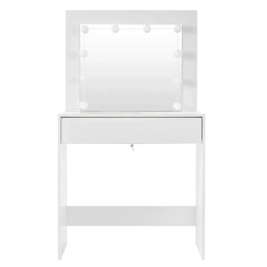 Een witte make-up tafel met een spiegel omringd door tien zachte LED-lampjes, een gladde oppervlakte en een lade voor opbergen. Ideaal voor make-up aanbrengen of schilderen in een helder, professioneel licht.