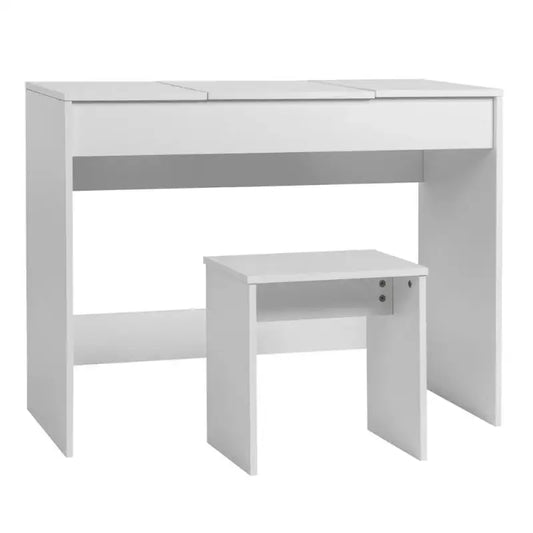 Een witte make-up tafel met opklapbaar spiegel en ingebouwde lichtsensor, inclusief bijpassende stoel. Ideaal voor dagelijkse make-up routines en persoonlijke verzorging in slaapkamer of kantoor.