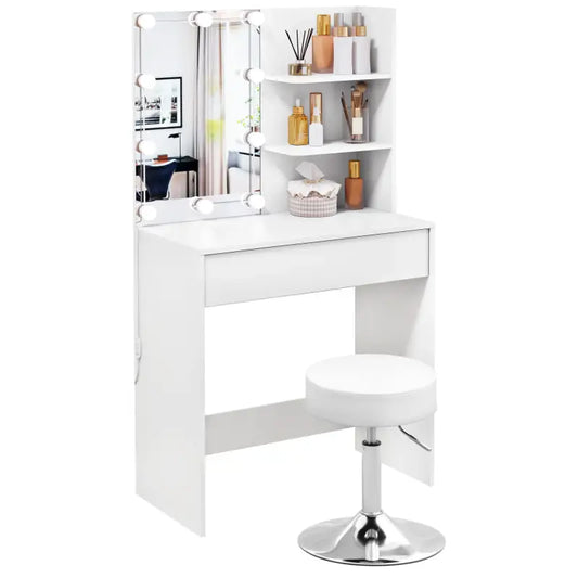 Een witte make-up tafel met verlichtingslijst en opbergvakken, uitgerust met een bijpassende, verhoogbare zitstoel voor make-up of kapsalon gebruik.