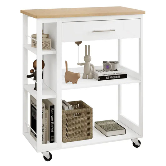 Een witte keukengereedschapskar met houten blad, een lade met zilveren handvat en meerdere planken, voorkeur voor keukenorganisatie en mobiele opslag. Geschikt voor keuken, badkamer of werkruimte.