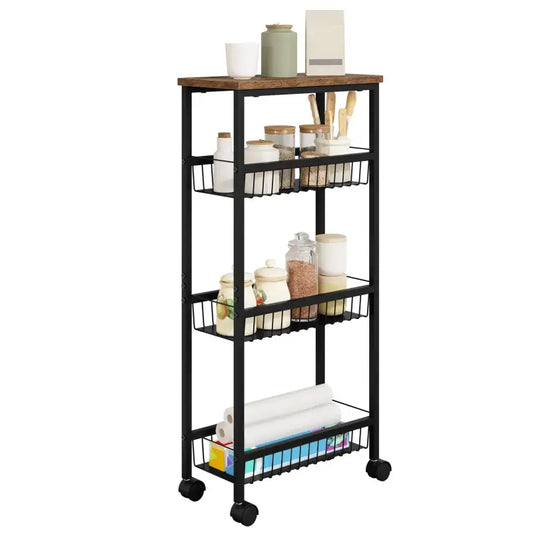 Een zwarte metalen boekenkast met houten bovenblad en wielen, geschikt voor woonkamer of kantoor. Geschikt voor boeken, decoraties of kantoorbenodigdheden.