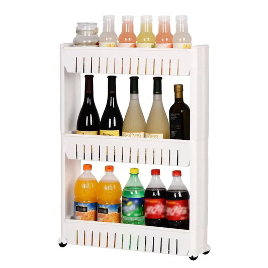 Witte, opvouwbare kast met vier planken, voorzien van houten doppen en glazen potten, perfect voor keukenopslag en organisatie van snacks en dranken.