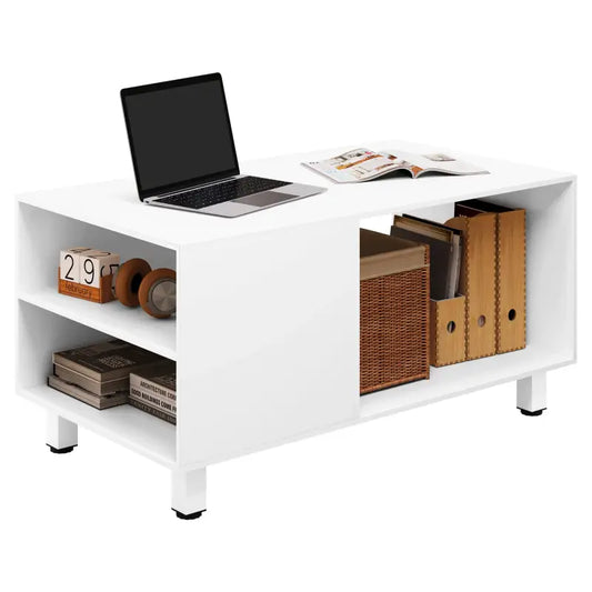 Een witte, minimalistische salontafel met glanzende oppervlakken, een open ondersteuningsruimte en vier kleine zwarte voetjes, geschikt voor moderne woonkamers of als tv-meubel.