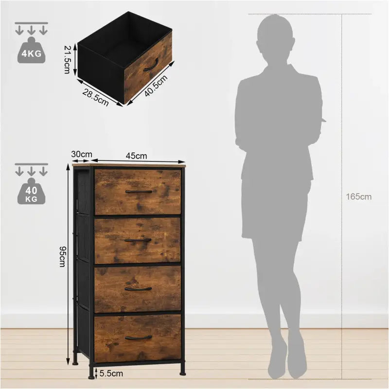 BukkitBow - Ladekast met 4 Stoffen Lades - Hout/Metaal/Non-woven Stof - Vintage Industrieel Ontwerp - 45x94.5x30 cm - Rustiek Bruin/Zwart