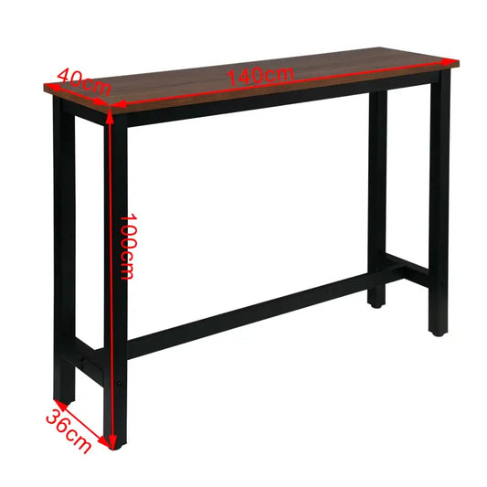 Zwart houten salontafel van 140 cm, met gestileerde poten en ondersteunende balk. Geschikt voor woonkamer of eetkamer, met minimalistisch design en robuuste constructie.