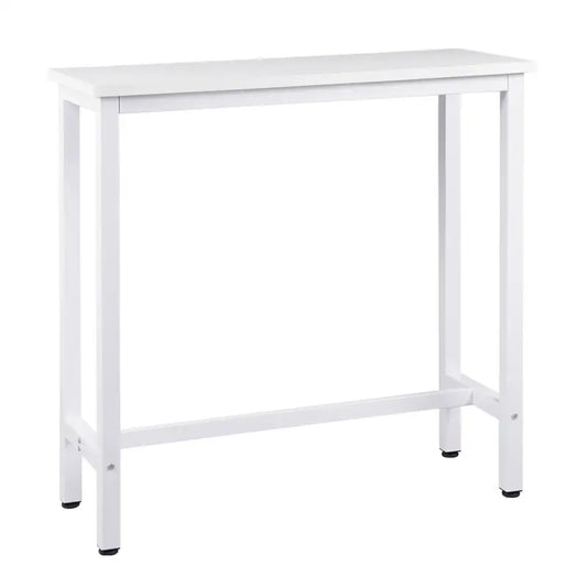 Een witte, minimalistische tafel van 100 cm, met een gladde houten blad en metalen poten, geschikt voor kantoor of woonruimte. Geplaatst met een koffiekopje, fruitmand en decoratieve accessoires.