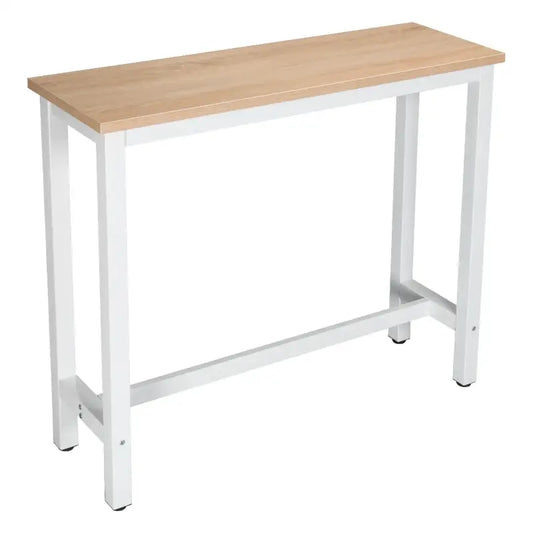 Een 120 cm brede console tafel met donkerbruine houten blad en zwarte metalen poten, versierd met foto’s en een Eiffeltorenmodel, geschikt voor woonkamer of hal.