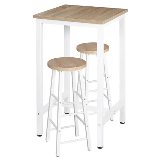 Een witte, 60 cm hoge barhocker met houten blad, geschikt voor koffie of ontbijt. Geplaatst met een zwarte mok, een witte mok en een mandje met citroenen.