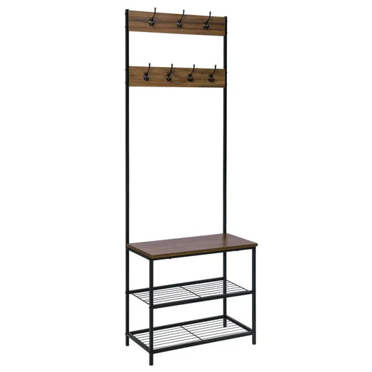 Een houten en metalen entryway organizer met kledinghangers, een zwarte handtas en een bruine doos. Witte en bruine schoenen staan op de onderste plank, ideaal voor woonkamer of hal.
